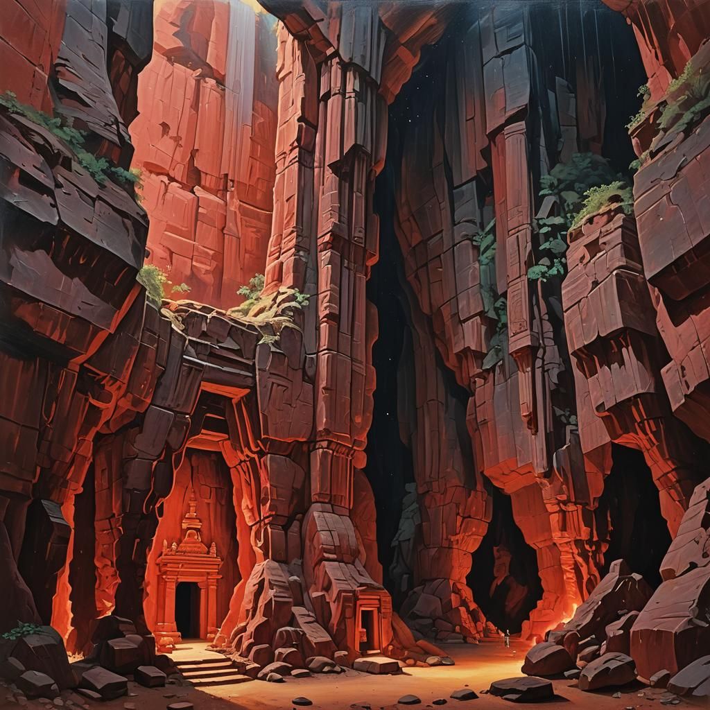 oil painting of a red stanstone cavern with adimly lit templ...