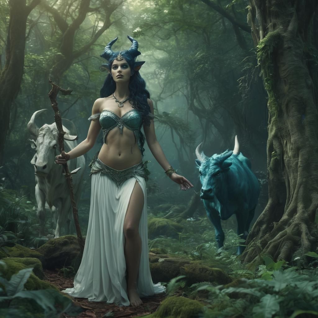Mystical Hybrid Woman in Eerie Forest: Fantasy Concept Art