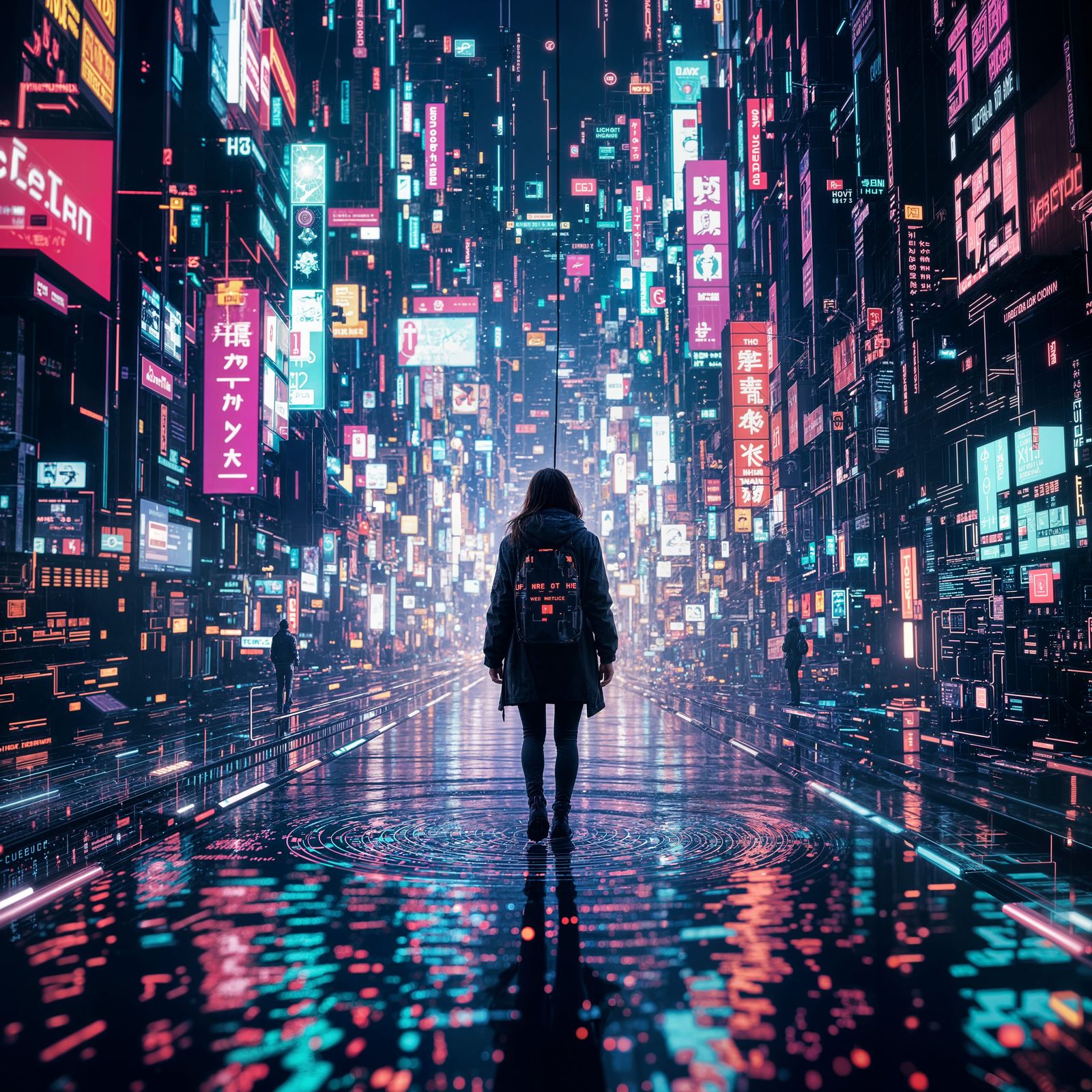 Person Suspended Between Cyberspace and Reality