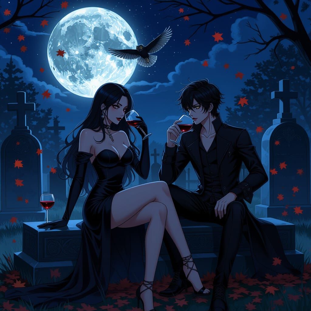 Gothic Romance: Seductive Woman in Moonlit Cemetery