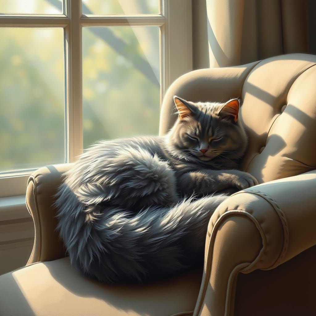 Fluffy Grey Cat Napping in Sunlit Velvet Armchair