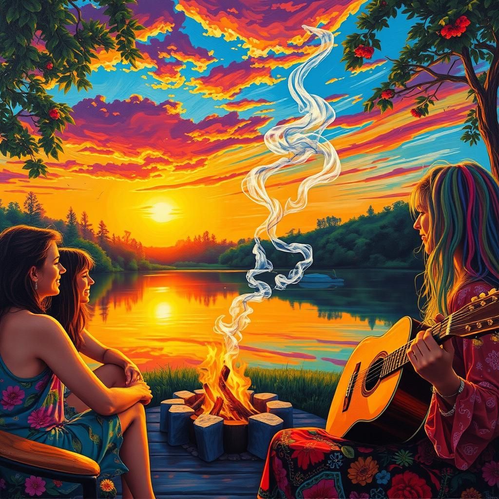 Summer Sunset Bonfire with Psychedelic Hippie Art