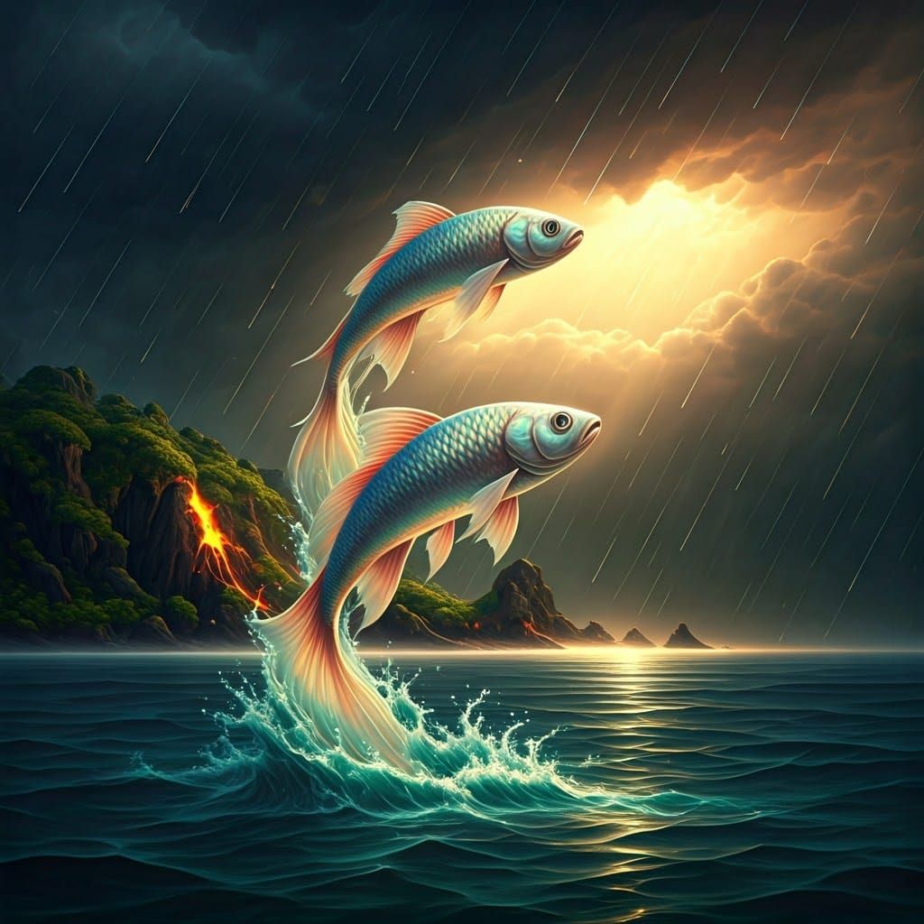 Ethereal Zodiac Pisces Fish Diving in Tropical Storm