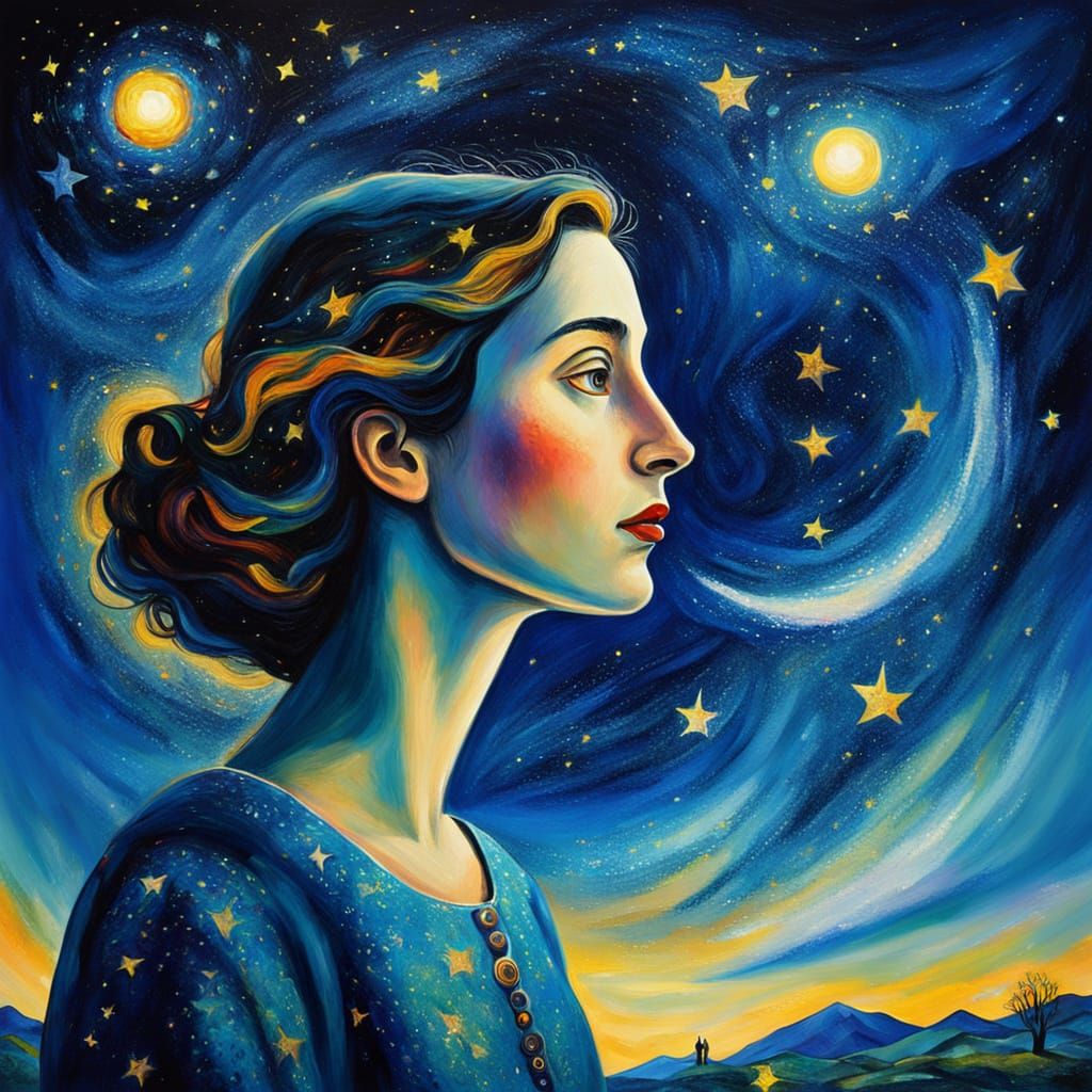 Woman Under Stars: Surreal Oil Painting
