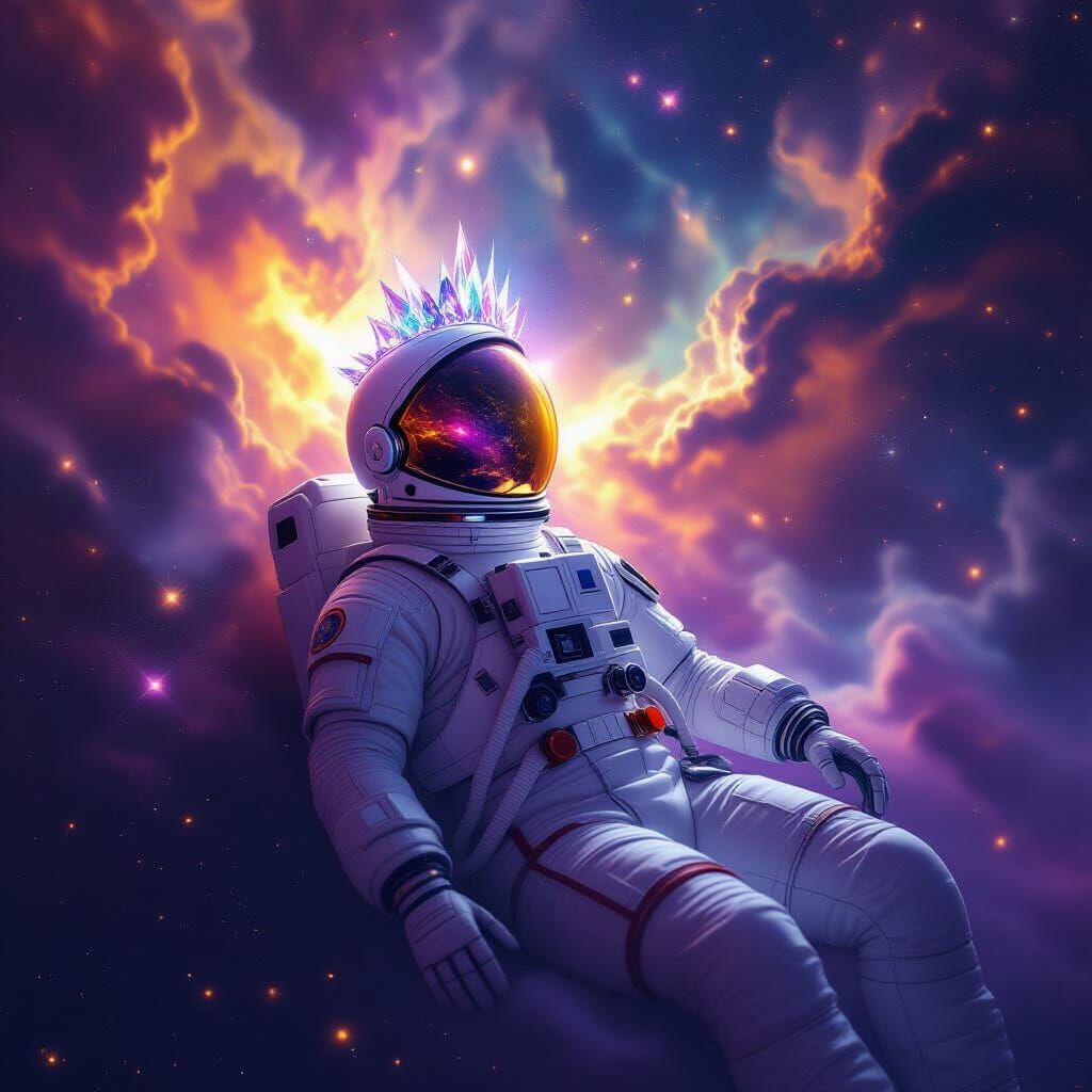 Astronaut Adrift in Cosmic Void with Crystalline Crown