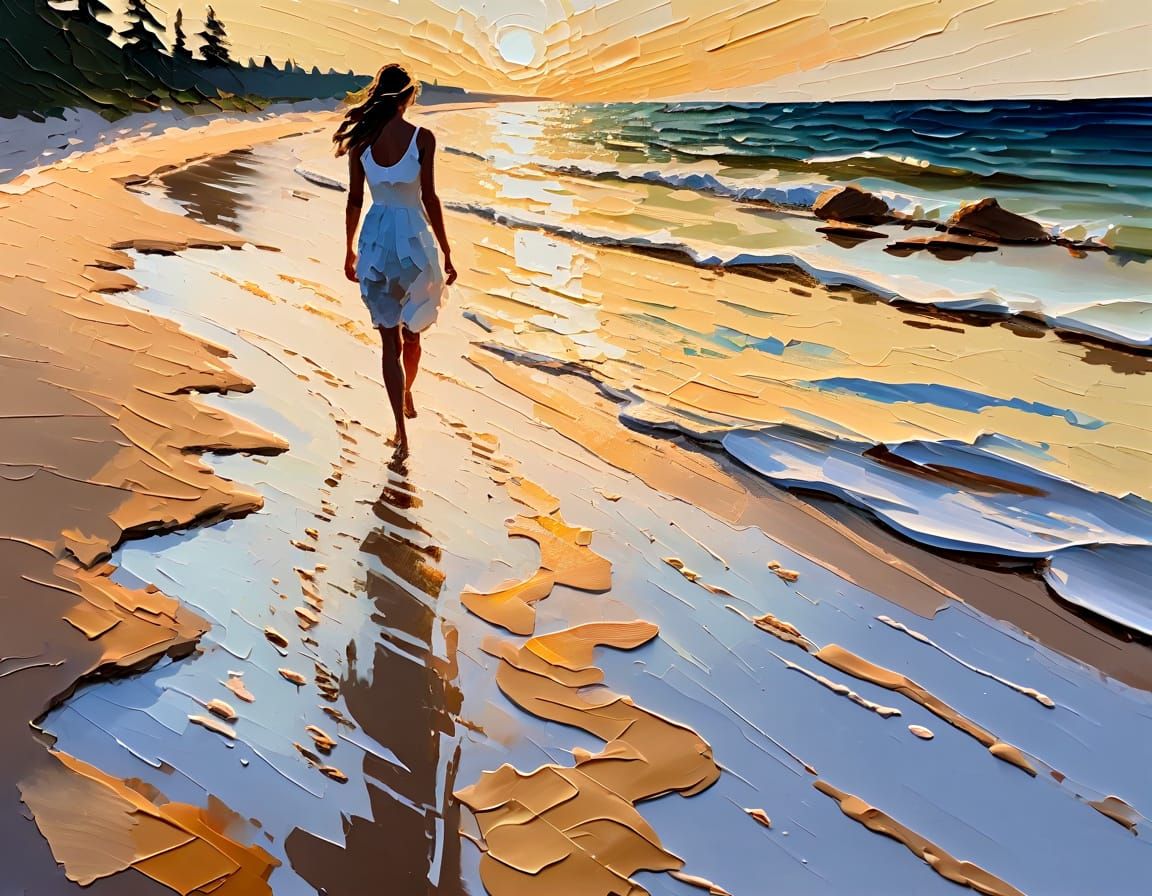 Impasto Painting of a Girl Walking on a Beach at Golden Hour