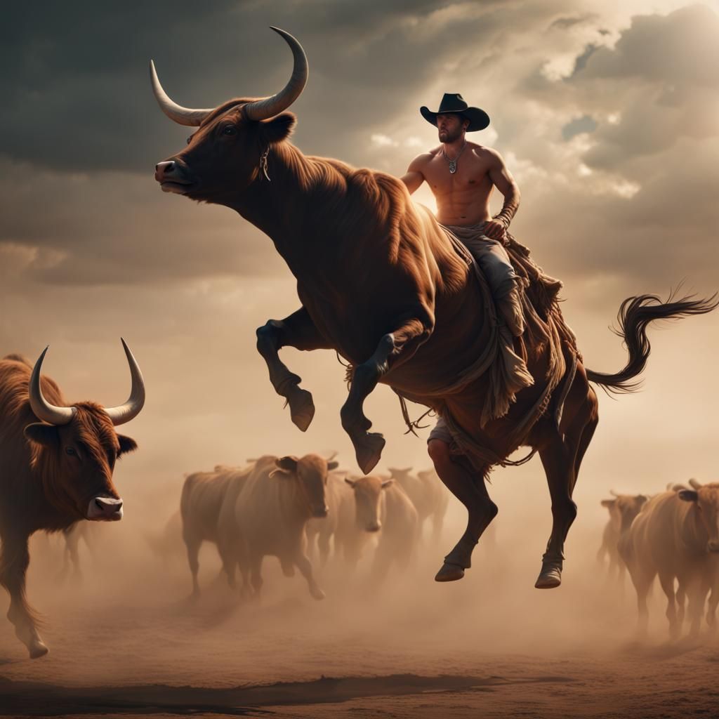 Shirtless Cowboy Rides Bull: Dramatic Digital Painting