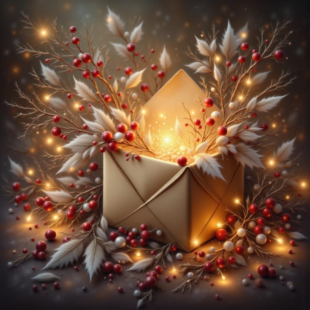 Exquisite Christmas Envelope with Berries, Pansies, and Gold...