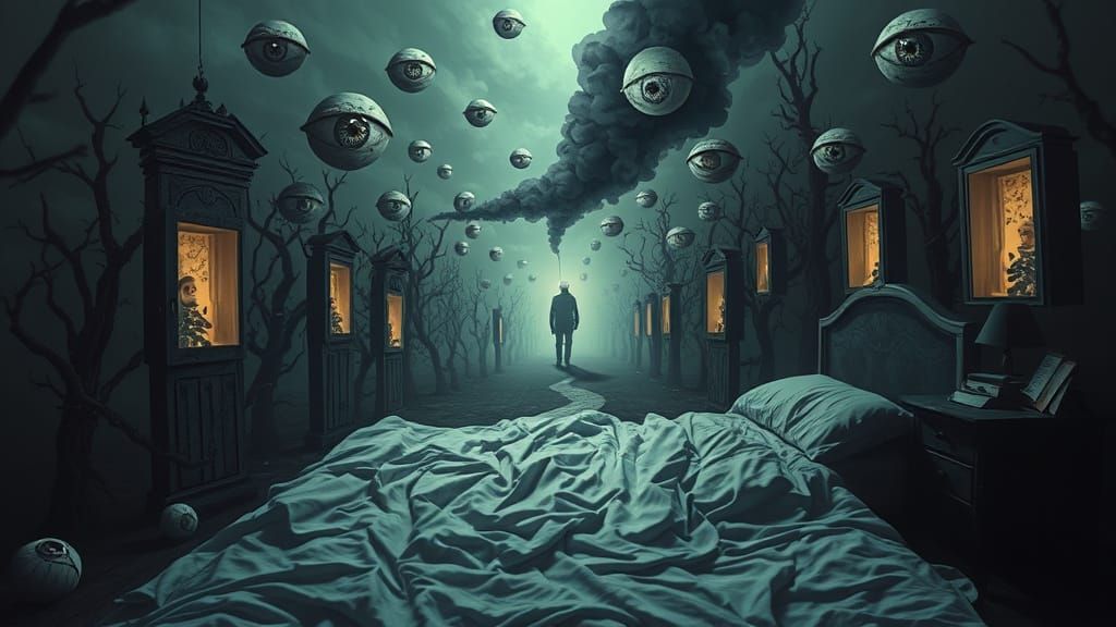 Surreal Bedroom Merges With Fragmented Memory Landscape