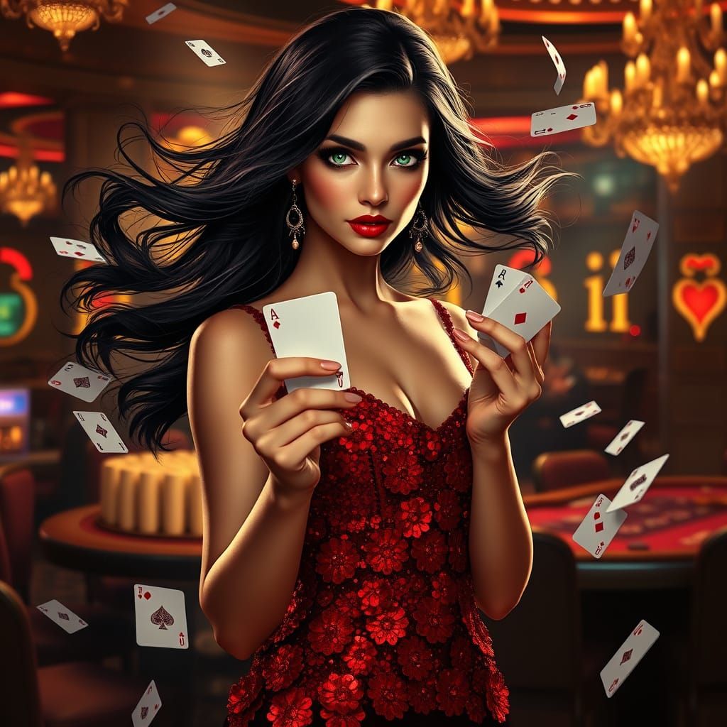 Woman in Red Dress in Casino with Floating Chips
