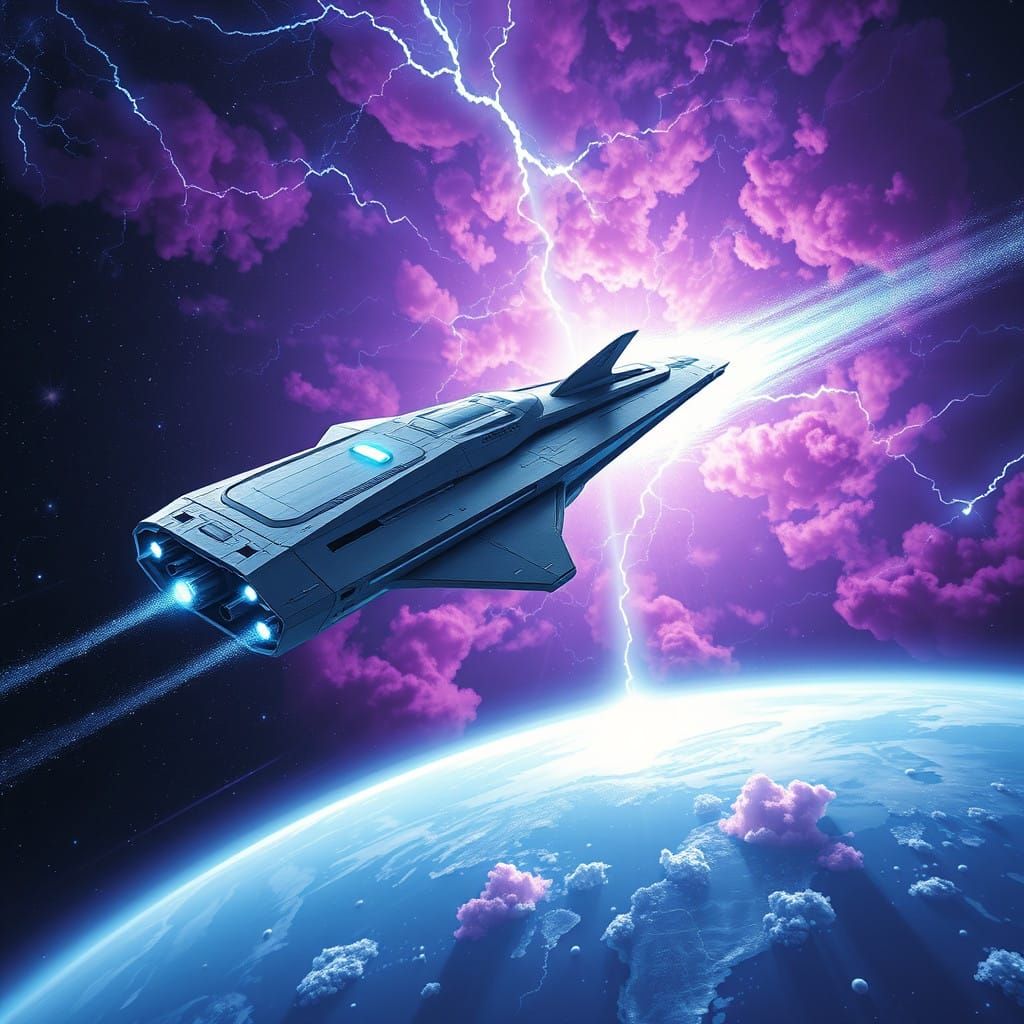 Galactic Starship Soars Over Serene Blue Planet in a Celesti...