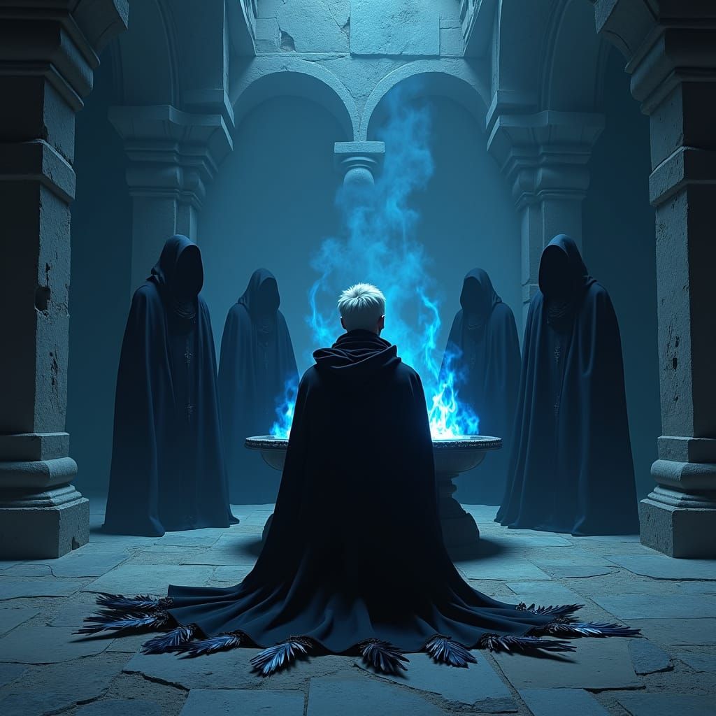 Ethereal Vigil: Young Man and Blue Flames