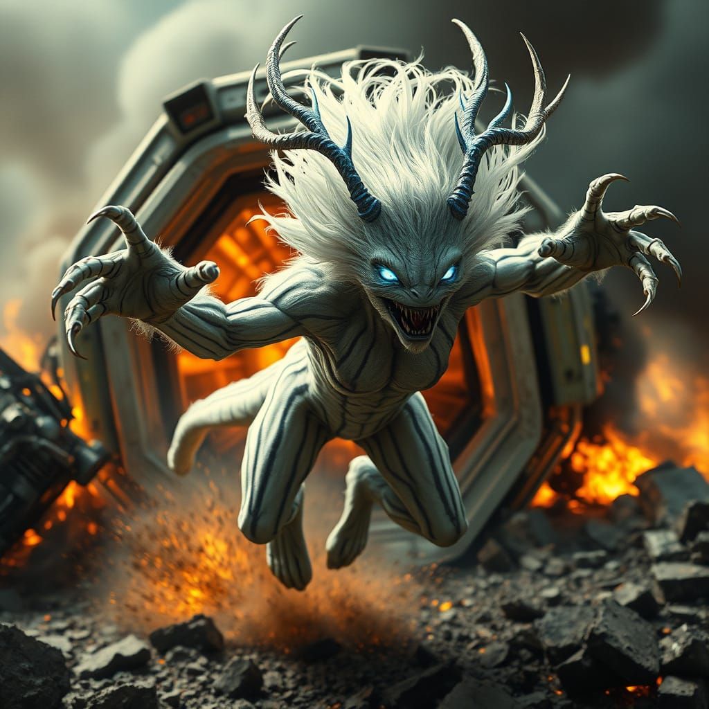 Female Alien Leaps from Smoldering Spacecraft