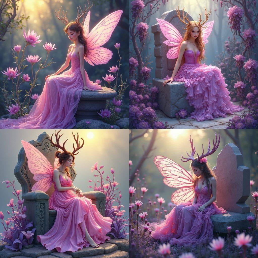 Whimsical Fairy Seated Amidst Blooming Datura in Linda Raven...