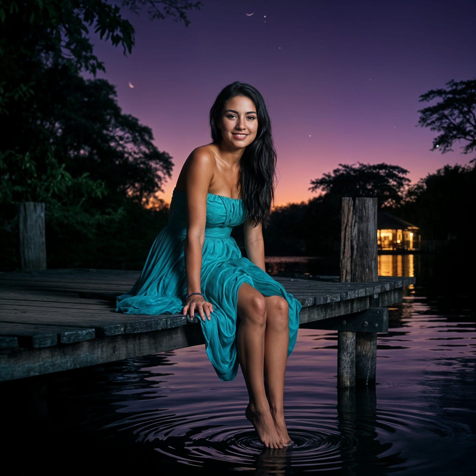 Costa Rican Woman at Dusk Under Crescent Moon
