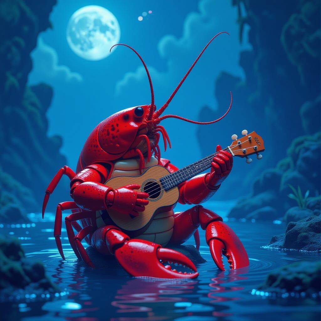 Hench Red Lobster Strums Ukulele in Bioluminescent Grotto