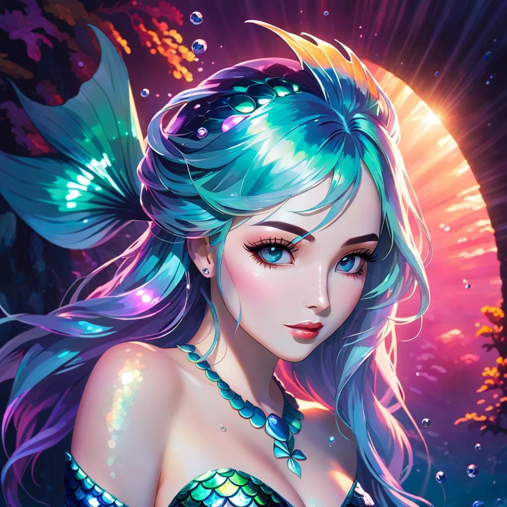 Holographic Mermaid with Striking Eyes in Underwater Scene