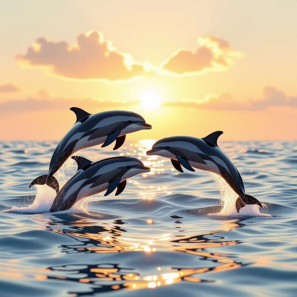 Dolphins Leap Over Sparkling Waves In Golden Sunlight
