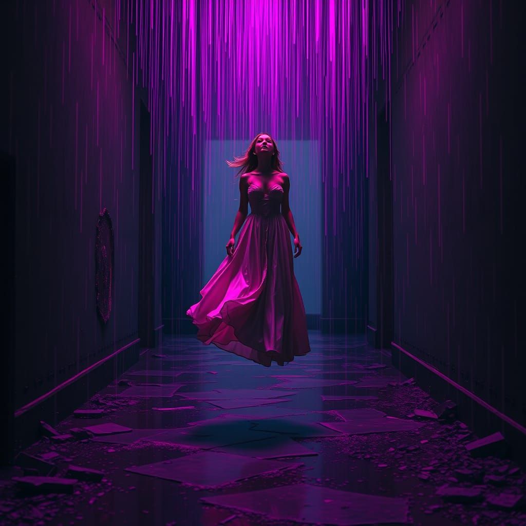 Ethereal Female Figure in Neon Dystopian Landscape