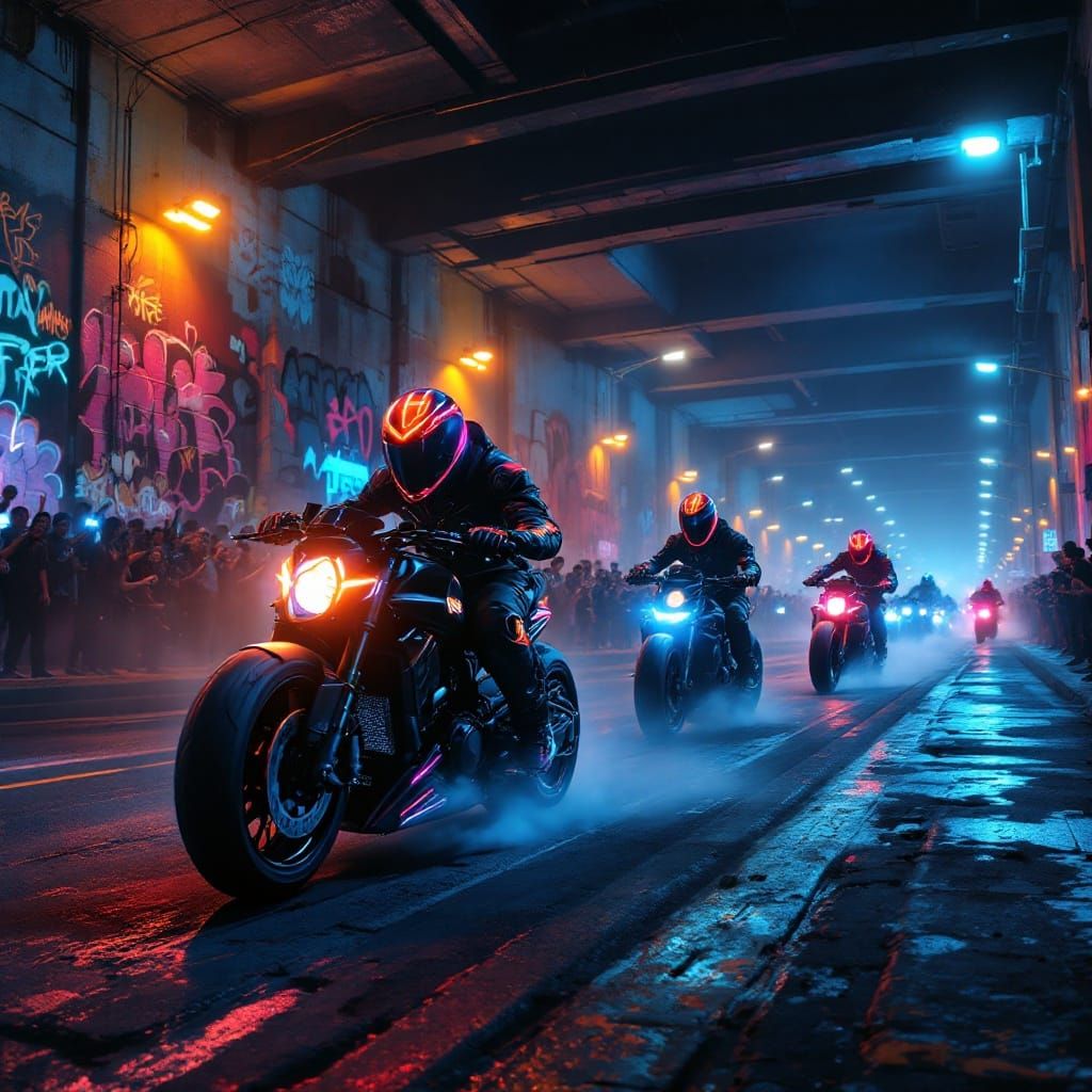 Underground Motorcycle Race in a Neon-Lit Cyberpunk City
