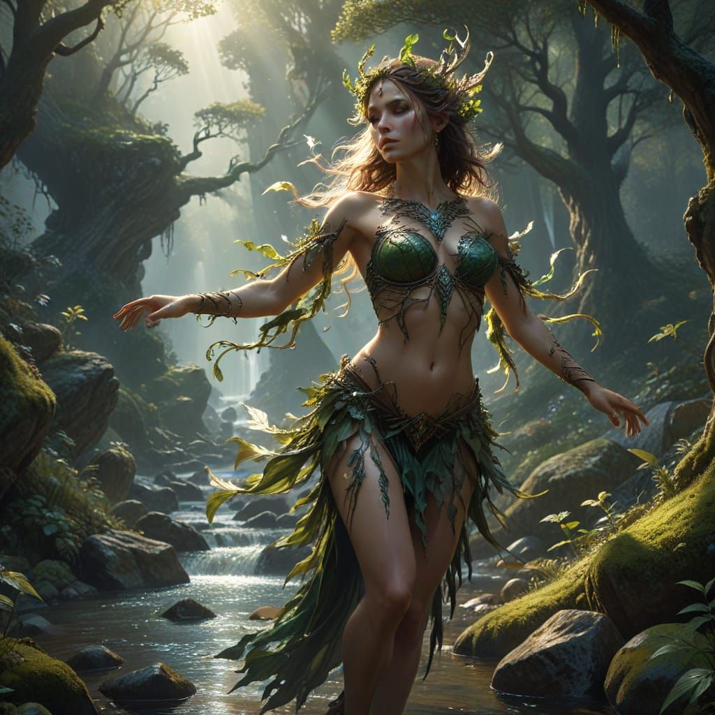 Earth Dryad Dancing in Forest, Hyperrealistic