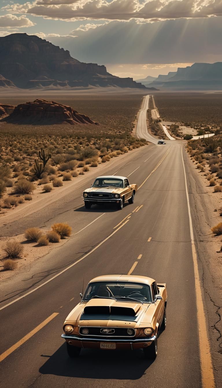 Ford Mustang Races Through Desert Highway