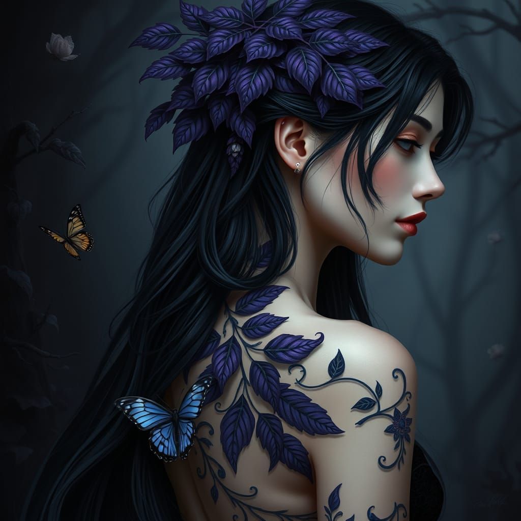 Gothic Beauty in Mysterious Forest with Purple Adornments