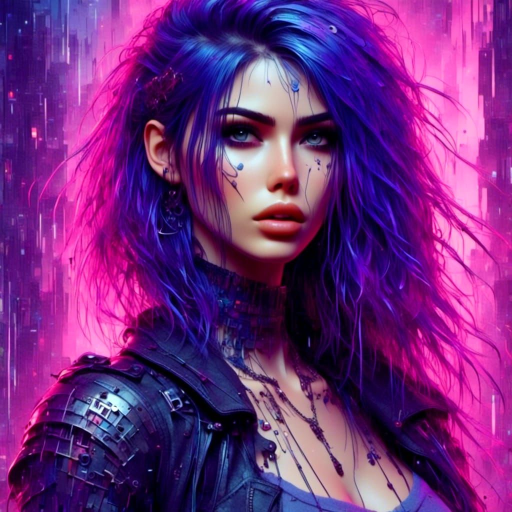 Stunning Glitched Cyborg Woman in Art Nouveau Punk Style