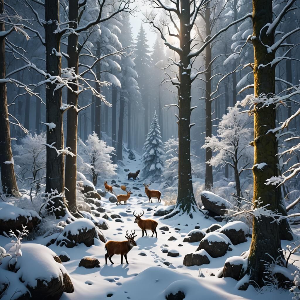 Snow Forest with Animals: Detailed Matte Painting