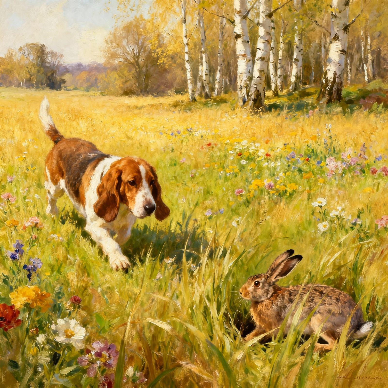 Basset Hound Encounters Hare in Spring Meadow Oil Painting