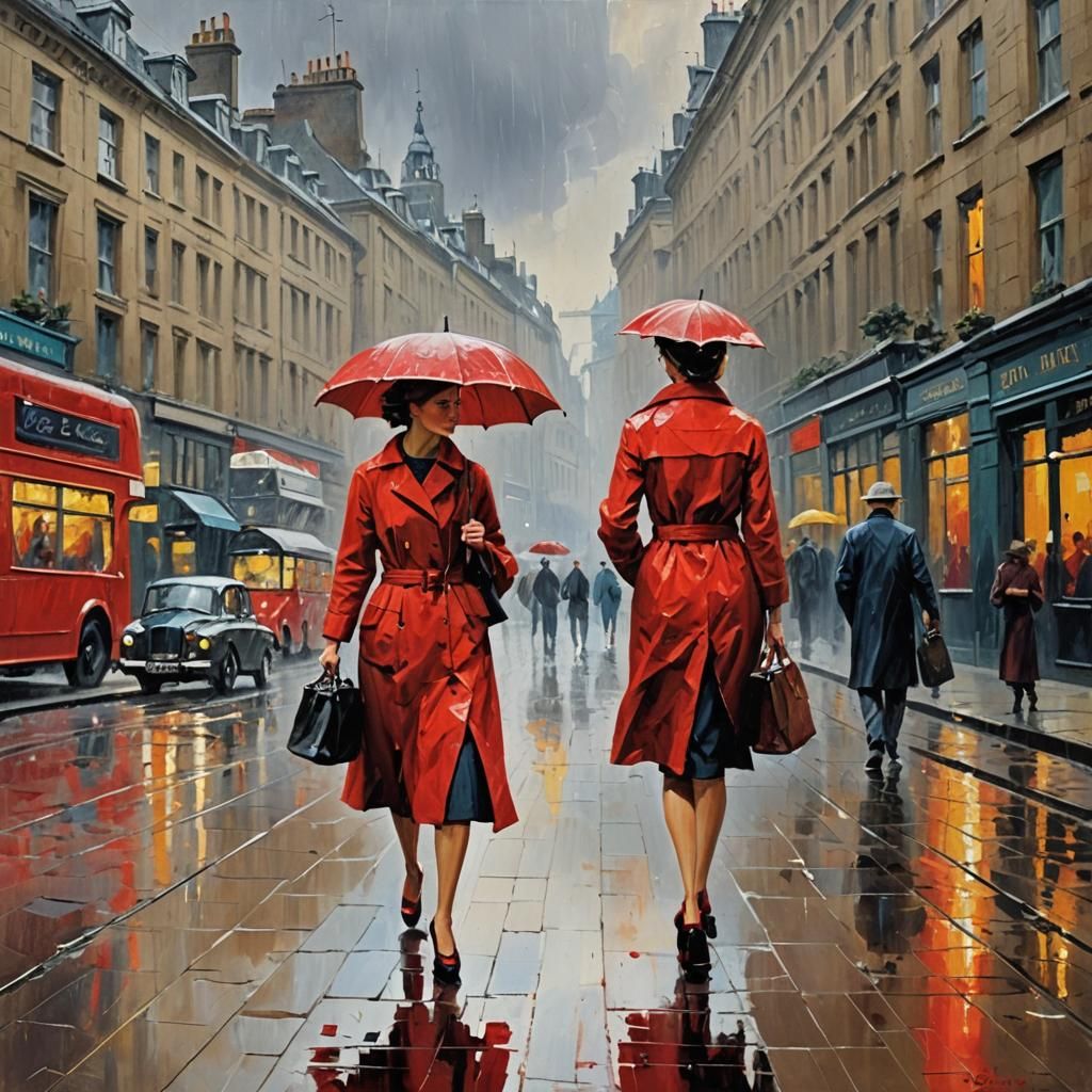 Woman in Red: Impressionistic London Street Scene