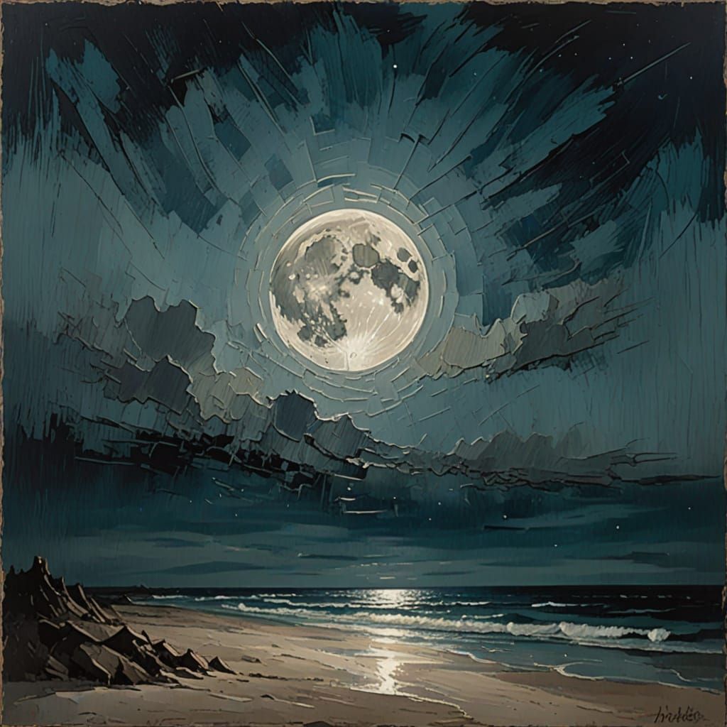 Moonlit Beach in Dry Brush Style with Painterly Movement