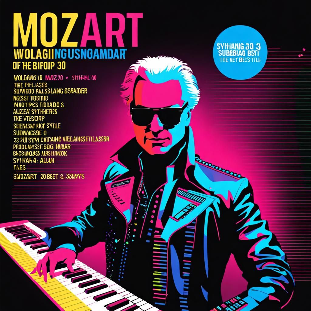 Mozart Plays Synthesizer in Neon Synthpop Album Cover