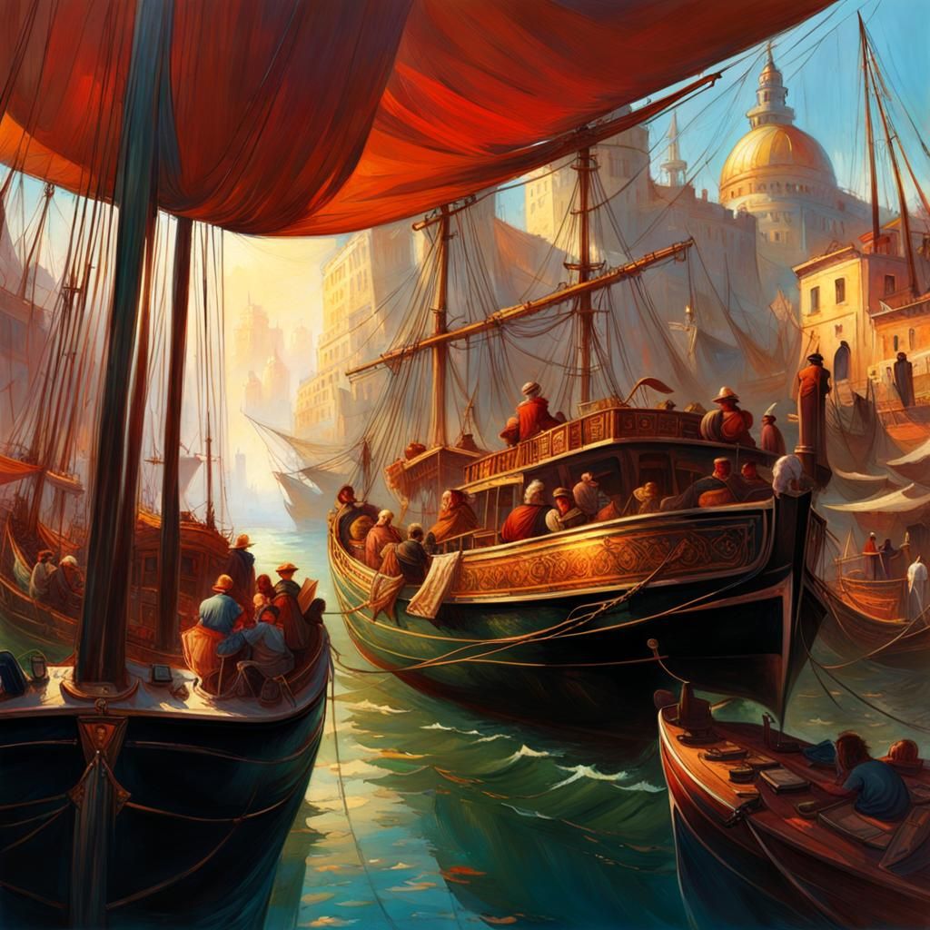 Bustling Maritime Market: Maximalist Matte Painting
