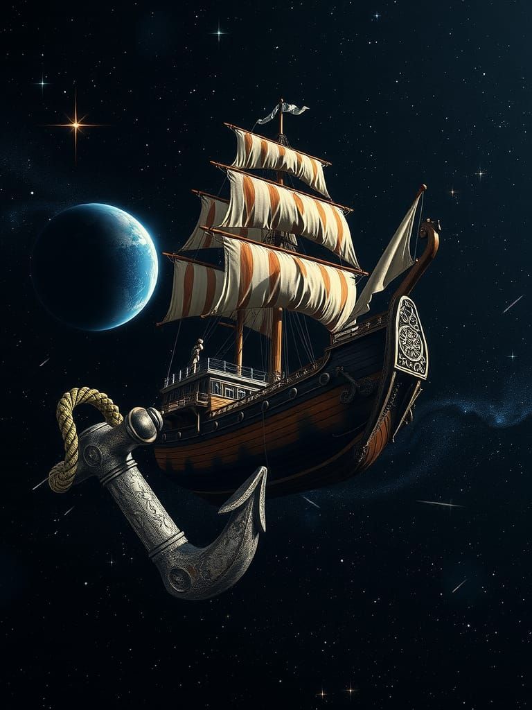 Pirate Ship Sails Galaxy in Surreal Photo