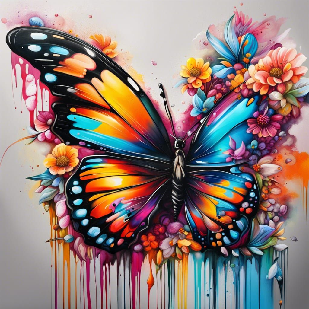 Vibrant Butterfly on Colorful Bloom in Graffiti Art