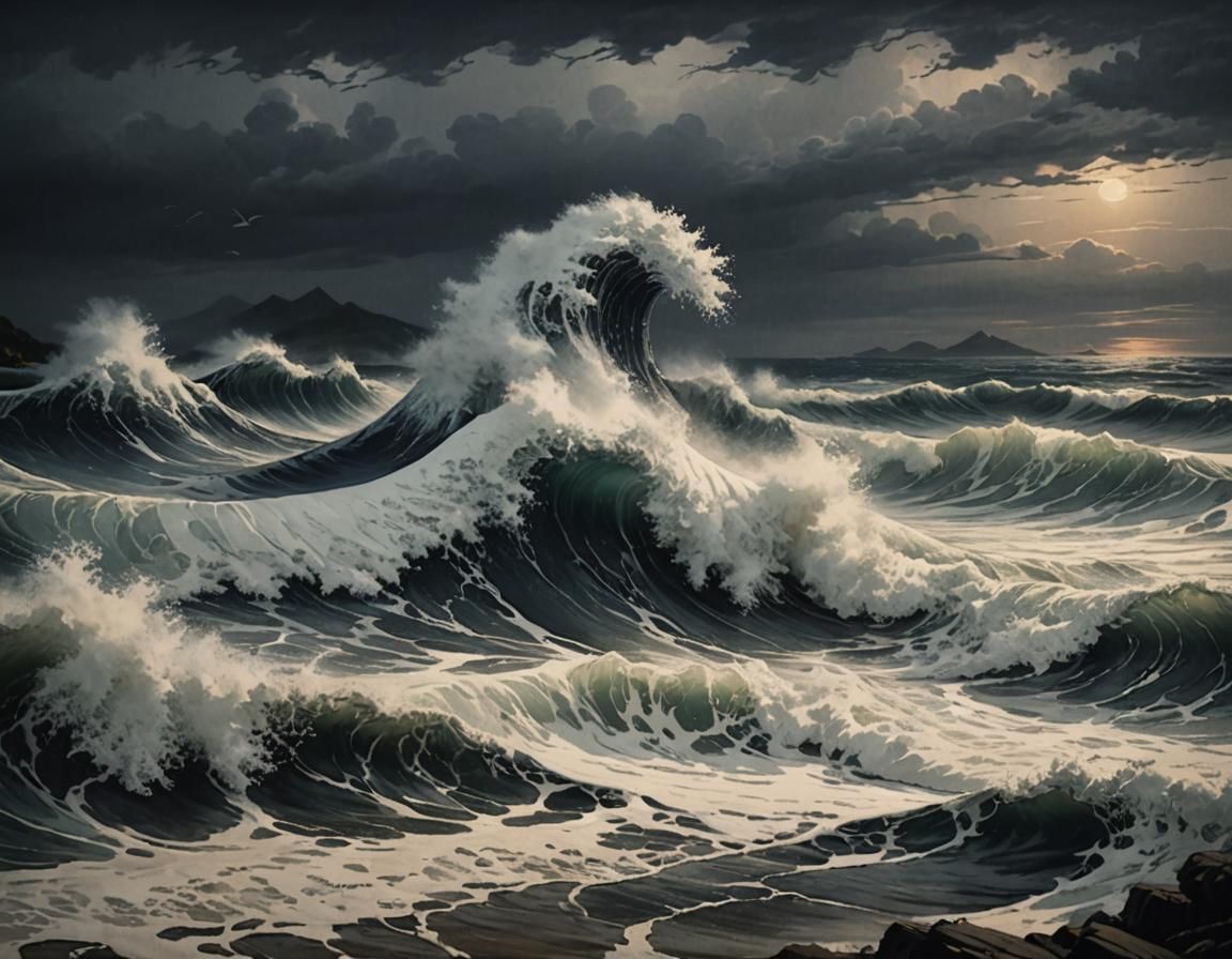 Dramatic Wave Crashing, Romanticism Art Style