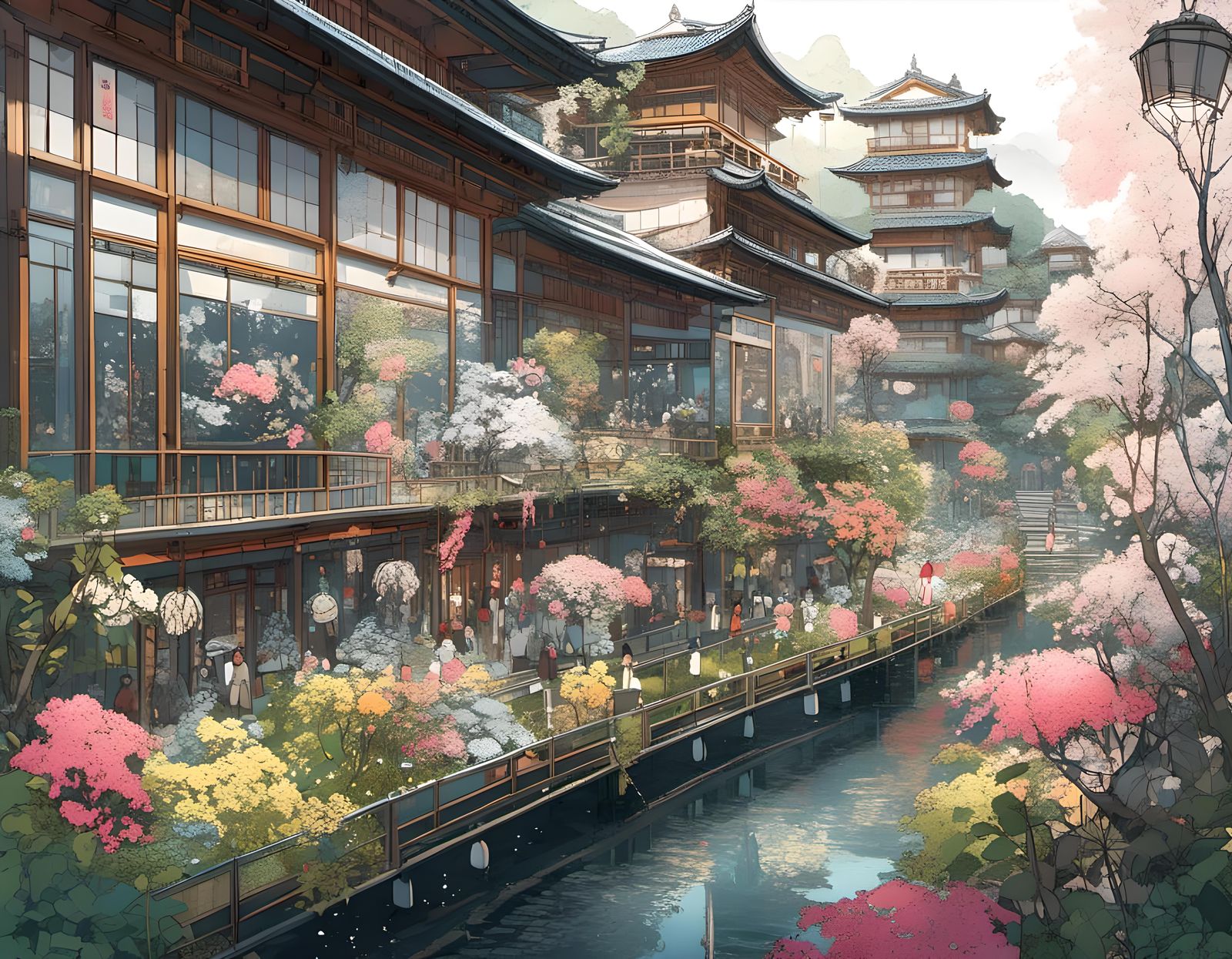 Kyoto Street in Winter Night: Cyberpunk Sketch