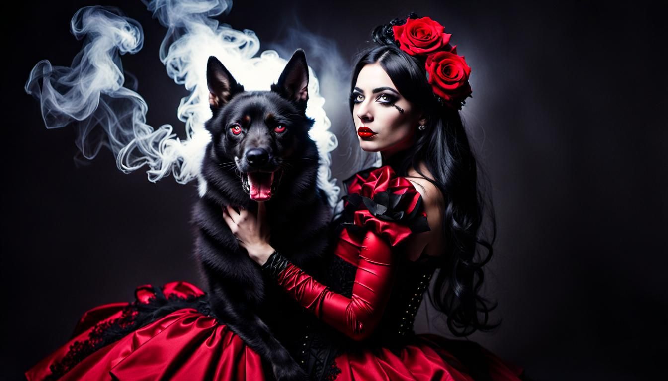 Gothic Girl Rides Pikachu Wolf in Studio Portrait