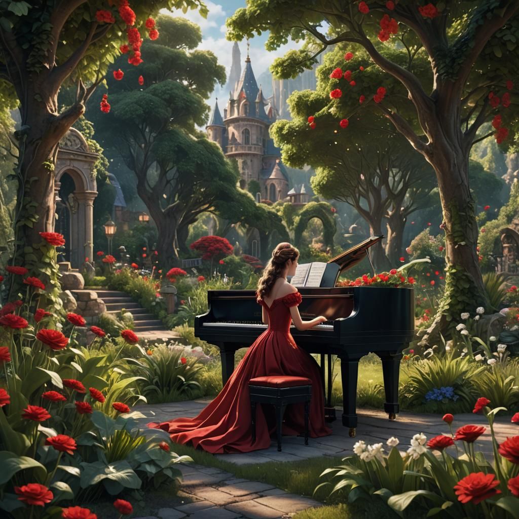 Princess in Red Dress Plays Piano, Detailed Matte Painting