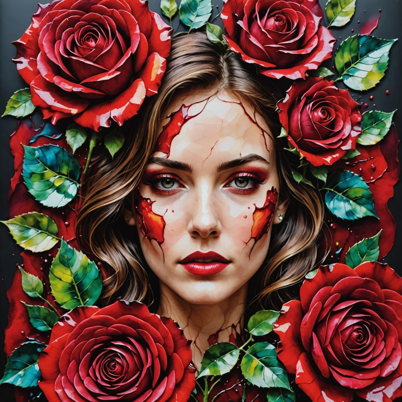 Rose Bloom on Woman's Face in Alcohol Ink