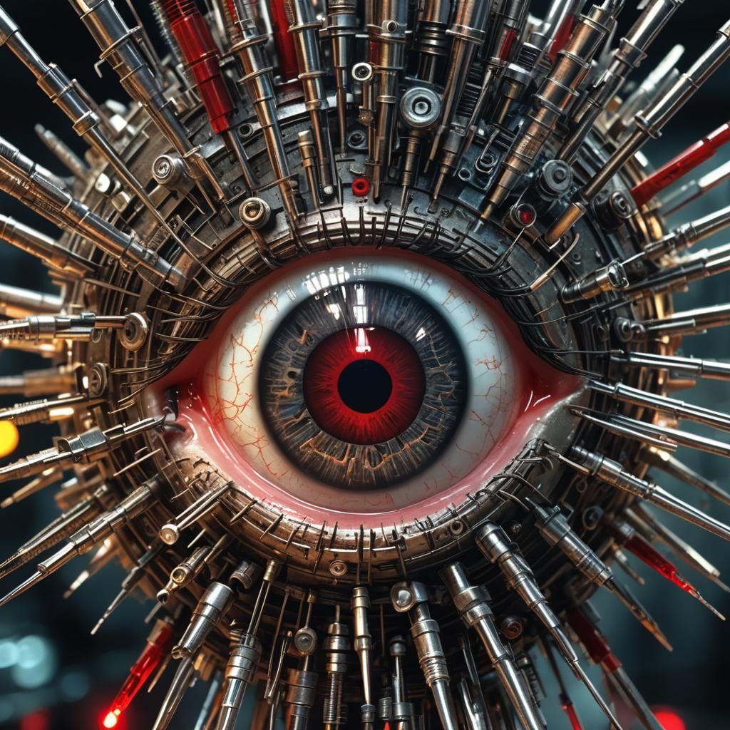 Biopunk Eyeball Pierced by Needles in Dystopian Lab