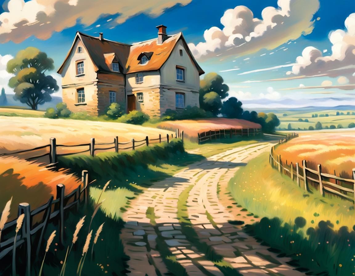 Idyllic Cottage in Impressionist Landscape Painting