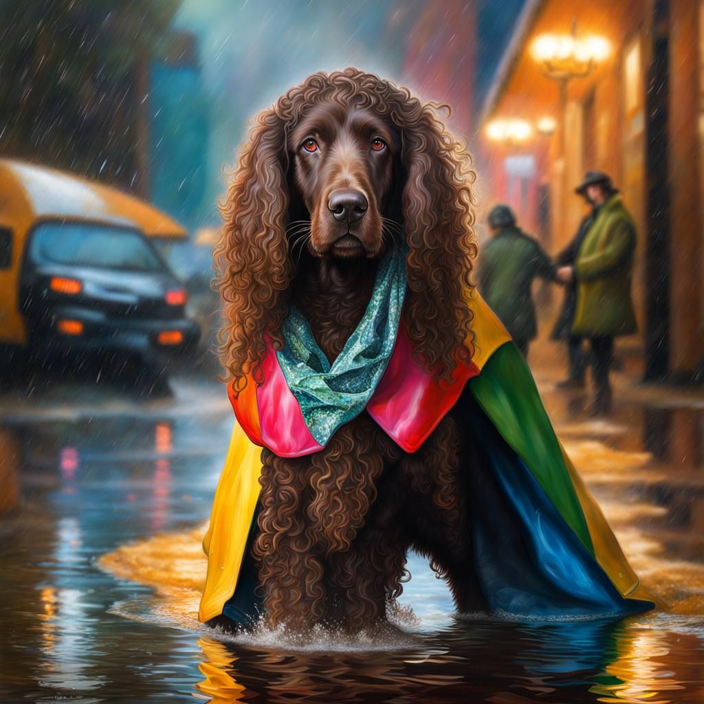 Irish Water Spaniel Sheltering from Monsoon Rain