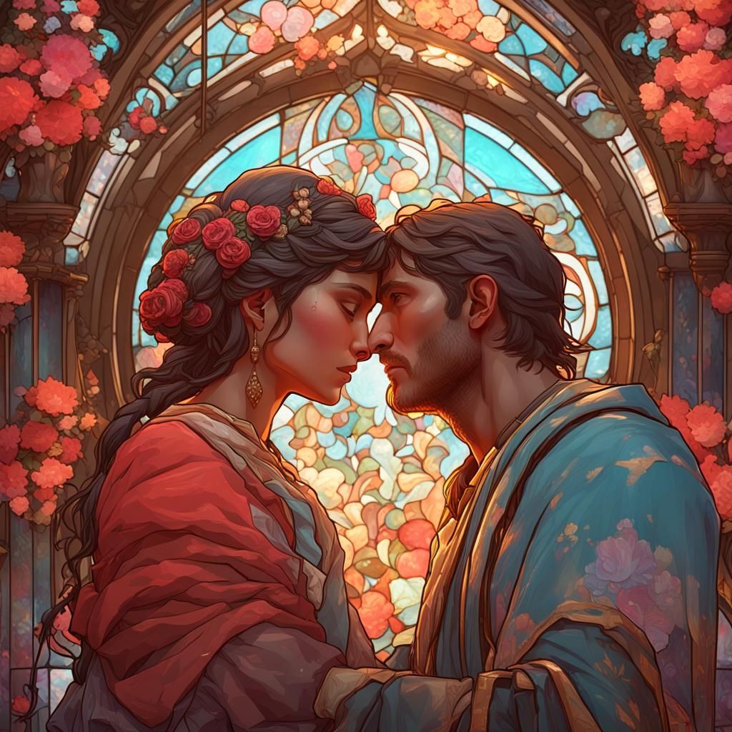 Passionate Lovers Embrace: Art Nouveau Digital Painting