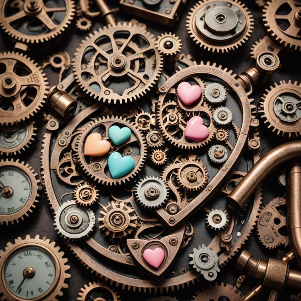 Steampunk Still Life with Whimsical Candy Hearts and Gears