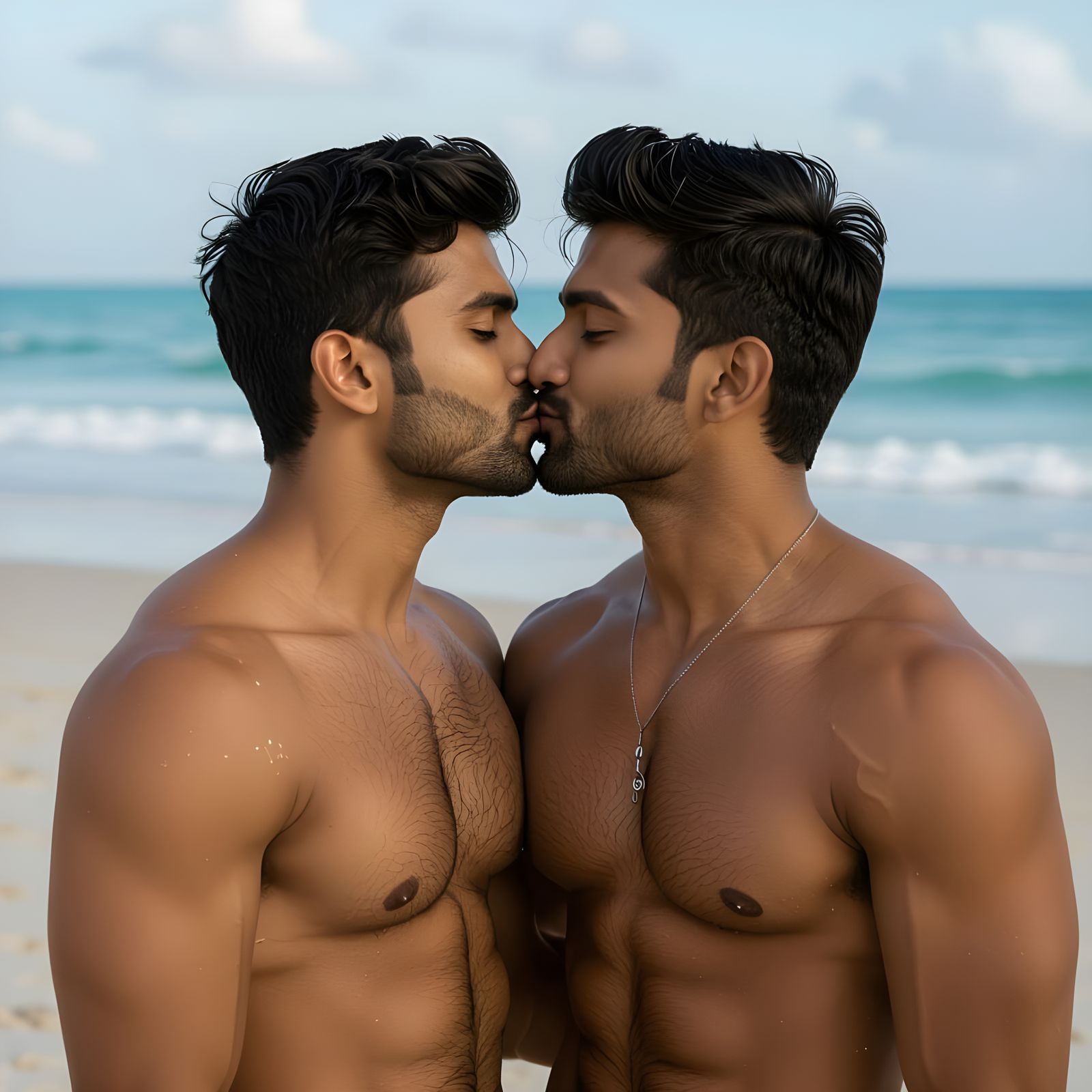 Realistic Image of Two Men Kissing on a Beach