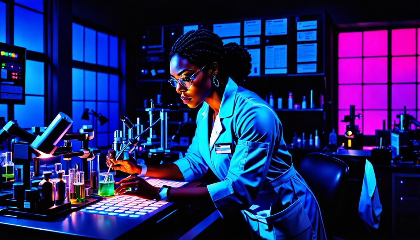 Black Scientist in Lab at Night: Hyperrealistic Art