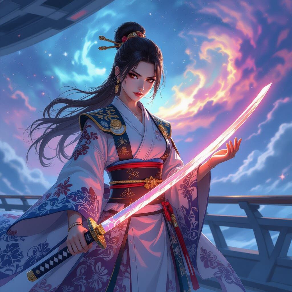 Female Admiral with Glowing Katana on Starship Bridge
