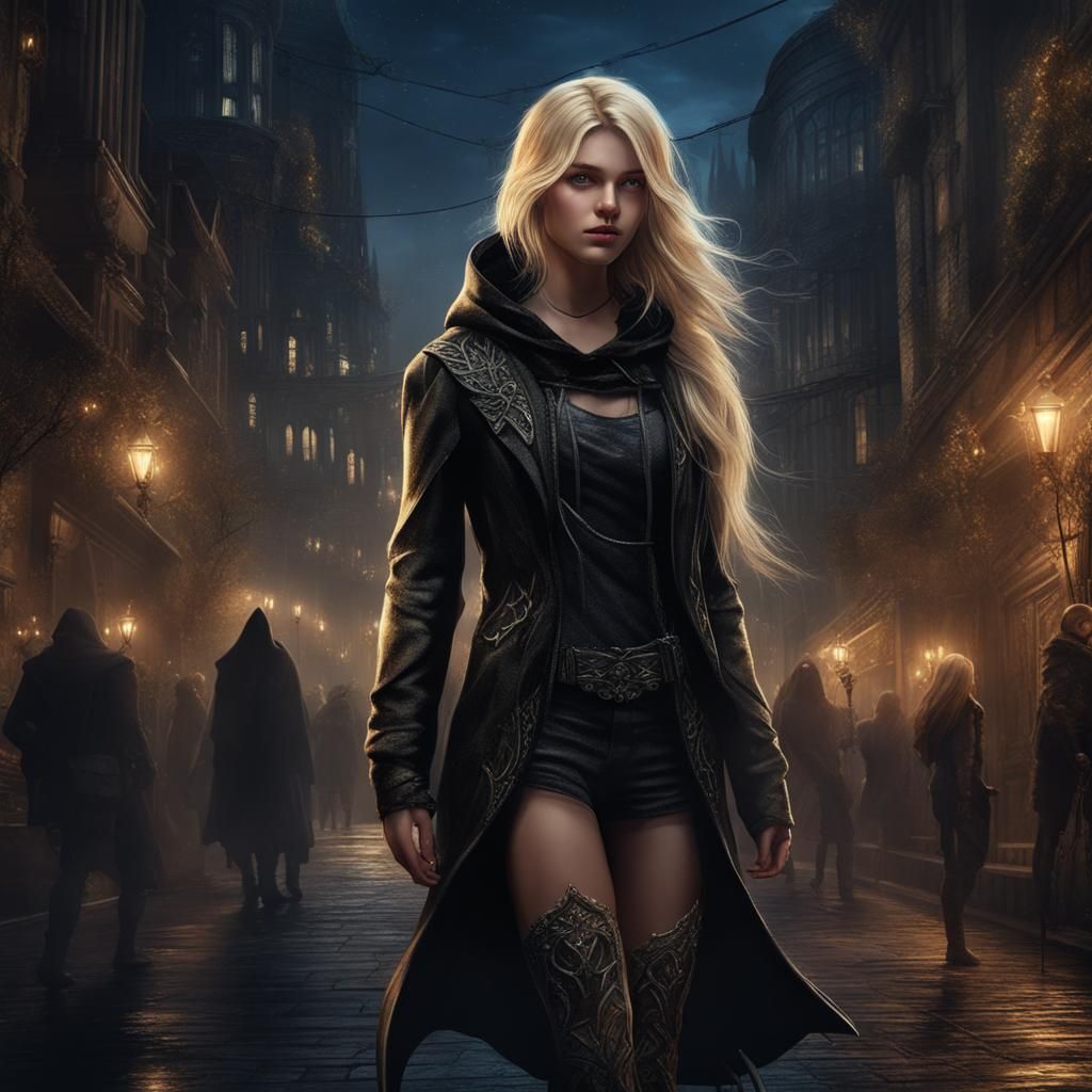 Blonde Hunter in Dark Fantasy City at Night